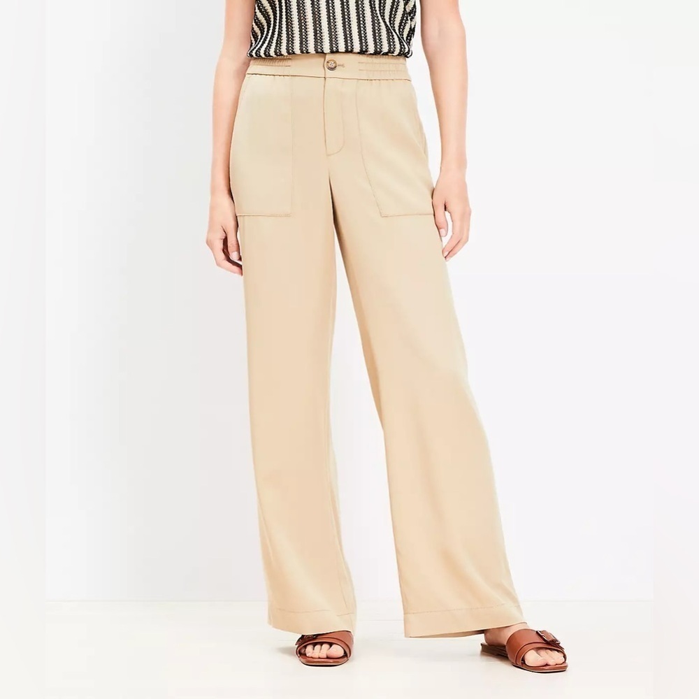 Loft Tan Beige Patch Pocket Wide Leg Pants Size 10